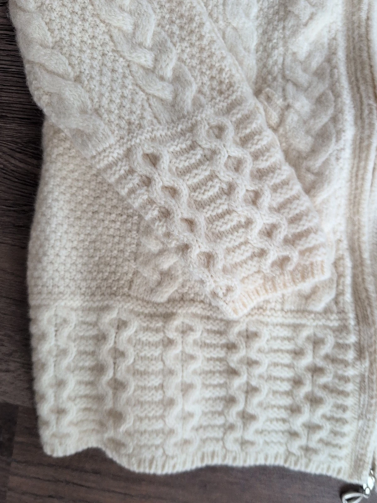 OFF WHITE Maglione Aran Crafts piccolo avorio pescatore lana merino full zip cappuccio Irlanda
