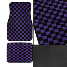 4PCS UNIVERSAL CHECKERED PURPLE Racing Fabric Car Floor Mats Interior Carpets