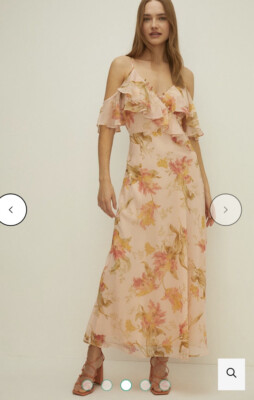 Oasis Ruffle Cold Shoulder Bias Cut Floral V-neck Midi Dress UK 14 RP £89! BNWT!