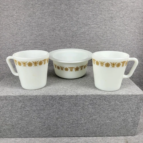 Pyrex Corning Corelle Butterfly Gold (Set of 3) D Handle Coffee Mugs Cups Bowl