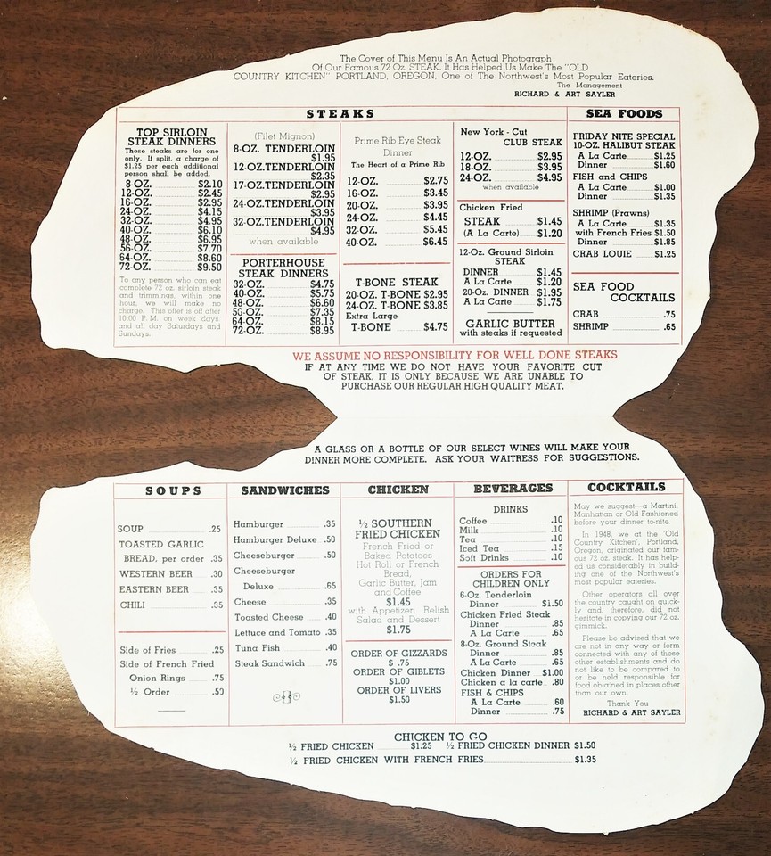 Vintage diecut restaurant menu OLD COUNTRY KITCHEN Portland Oregon