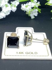 14K Solid Gold Princess Square Cut Black Onyx Screw Backing Earring with 4 Prong