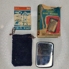 Vintage VTG Peterson's Pocket Hand Warmer w/ Original Cloth Cover Box & Manual