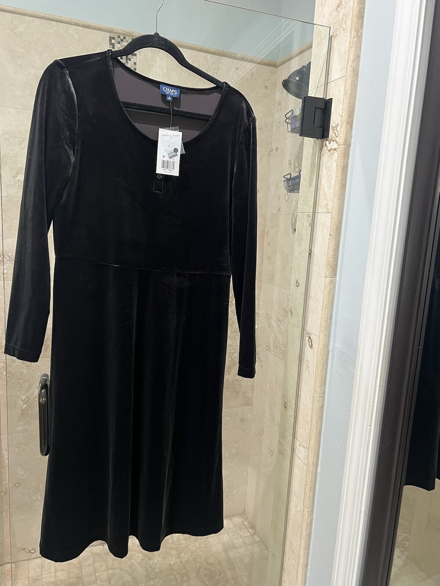 Chaps Black Velvet Dress Women's L Midi Long Sleeve Henley Buttons