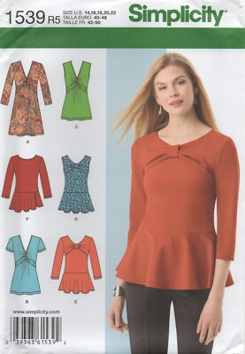 Simplicity Schnittmuster 1539 Oberteile für Strickstoff mit Schößchen Gr. 14-22 Neu