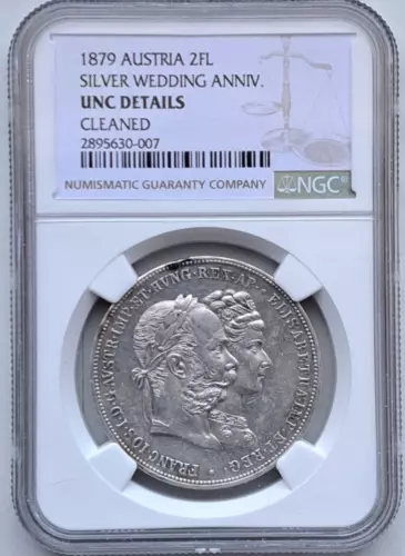 1879 Austria 2 Florin Silver Wedding Anniversary Uncir. Details Cleaned NGC Coin