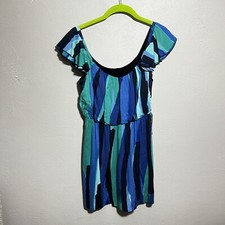 Curtsey Dress Womens Sz S Striped Blue Green Dress Sleeveless Short Semi Sheer