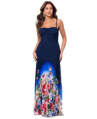 Xscape Navy Blue Sunburst Floral Ombre Pleated Gown Size 14 $288