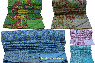 INDIAN COTTON KANTHA QUILT BEDSPREAD TWIN SIZE BEDDING BLANKET HANDMADE THROW