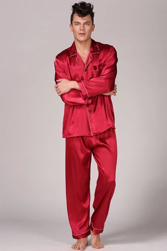 Men's Silk Satin Pajamas Pyjamas Set Long Sleeve Sleepwear Pijama Nightwear - Bild 48 von 50