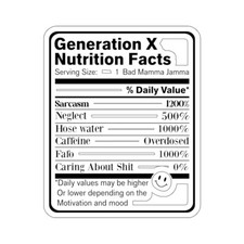 Gen X Generation X Nutrition Facts Vinyl Decal/Sticker Choose your Colors 