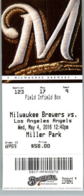 Los Angeles Dodgers vs  Milwaukee Brewers 5/4/2016 Full Ticket 