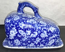 Vintage Victoria Ware Ironstone Cheese Keeper Dish Butter Cobalt Blue Flower