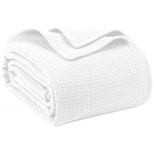 100 Cotton Blanket Queen Size 90x90 Inch Waffle Weave Breathable White Soft