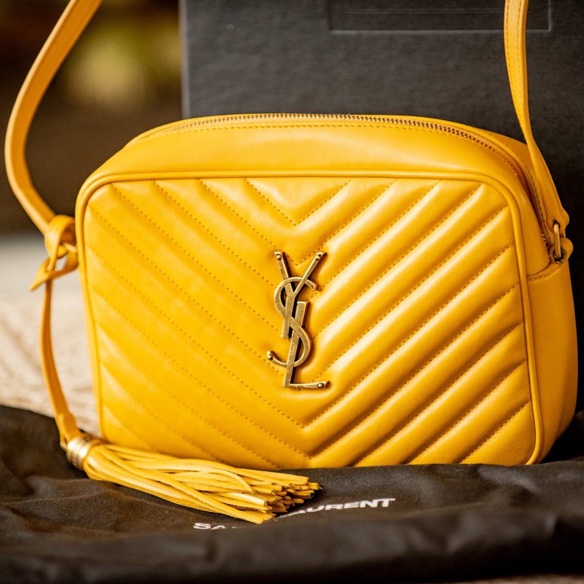 YSL Yves Saint Laurent 2021 Leather Lou Camera Bag Yellow Crossbody Receipt