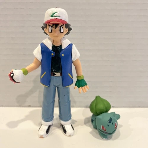 Ash Ketchum Pokemon Trainer Action Figure Toy 4.5" Vintage 1998 TOMY + Bulbasaur