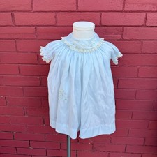 Vtg Nannette Baby Dress 12M Satin Blue Gown Embroidered Floral Lace Collar USA