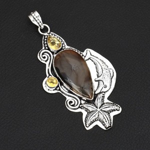 Montana Agate Citrine Gemstone Handmade Fish Pendant Jewelry Gift 3.28" AP-48991