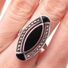 925 Sterling Silver Vintage Real Black Onyx & Marcasite Oxidized Ring Size 7.75