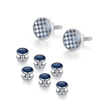 Mens Tuxedo Shirt Button and Cuff Links Set, Classic Shirts Checkered-Blue