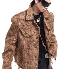 Men's Khaki Cotton Basic Jacket Button Tassels Motorcycle Punk Hip Hop Coat New