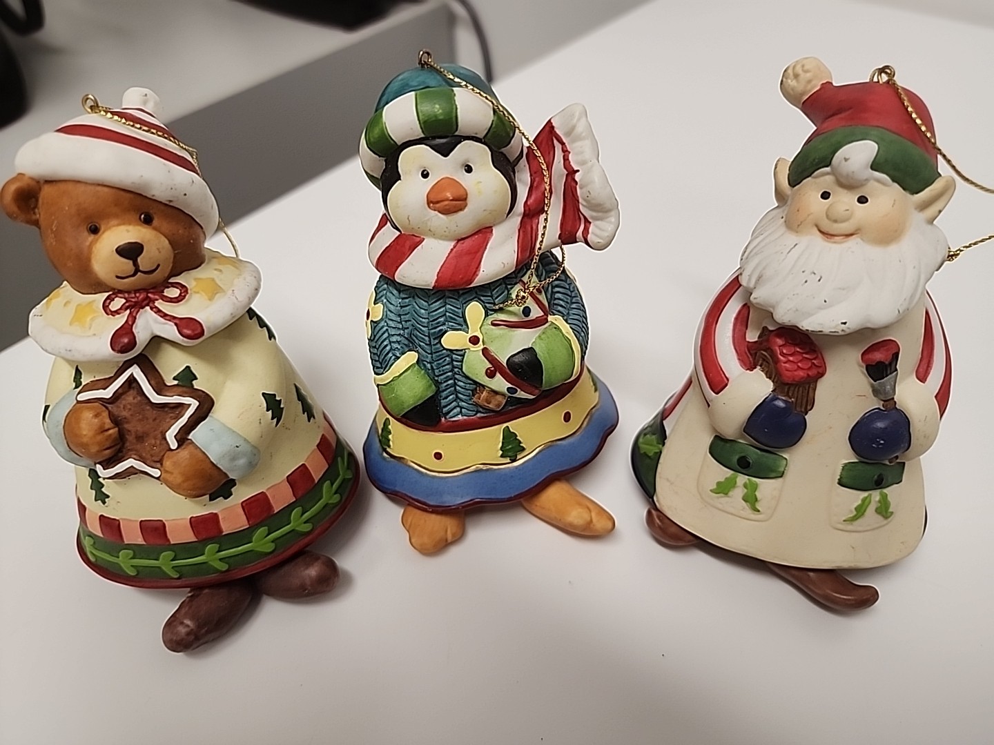 Christmas Bell Ornaments with Swivel Heads Dangling Legs Set 3 Ceramic wellmade
