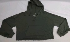 So Lounge Life Green V Neck Hoodie Cropped Raw Hem Pullover Sweatshirt Sz Small