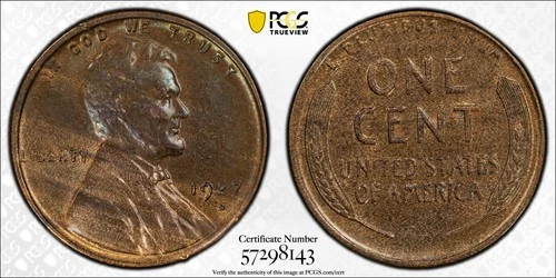 1927 D Lincoln Wheat Cent Penny PCGS MS-62 BN Woodgrain Toning