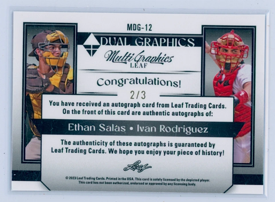 Autógrafos Ethan Salas e Iván Rodríguez 2023 hoja gráficos dobles 2/3 Foto 2 de 2