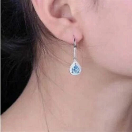 Delicated 4Ct Pear Cut Aquamarine Drop & Dangle Earrings 14K White Gold Plated - Image 3 of 4
