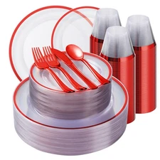 350PCS Red and Clear Plastic Dinnerware Sets for 50 Guests, Include 100 Red D...
