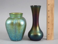 2 Miniature Antique Bohemian Czech Iridescent Green & Deep Red Art Glass Vases