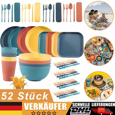 52× Campingbesteck Set Für 4 Personen Picknick Geschirr Set Multipurpose Outdoor