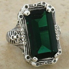 ART DECO STYLE 925 STERLING SILVER FILIGREE 7 Ct. SIMULATED EMERALD RING  530X