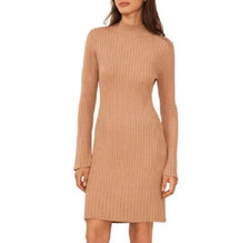 Halogen Mock Neck Long Sleeve Rib Sweater Dress  Sz L  camel  *1360