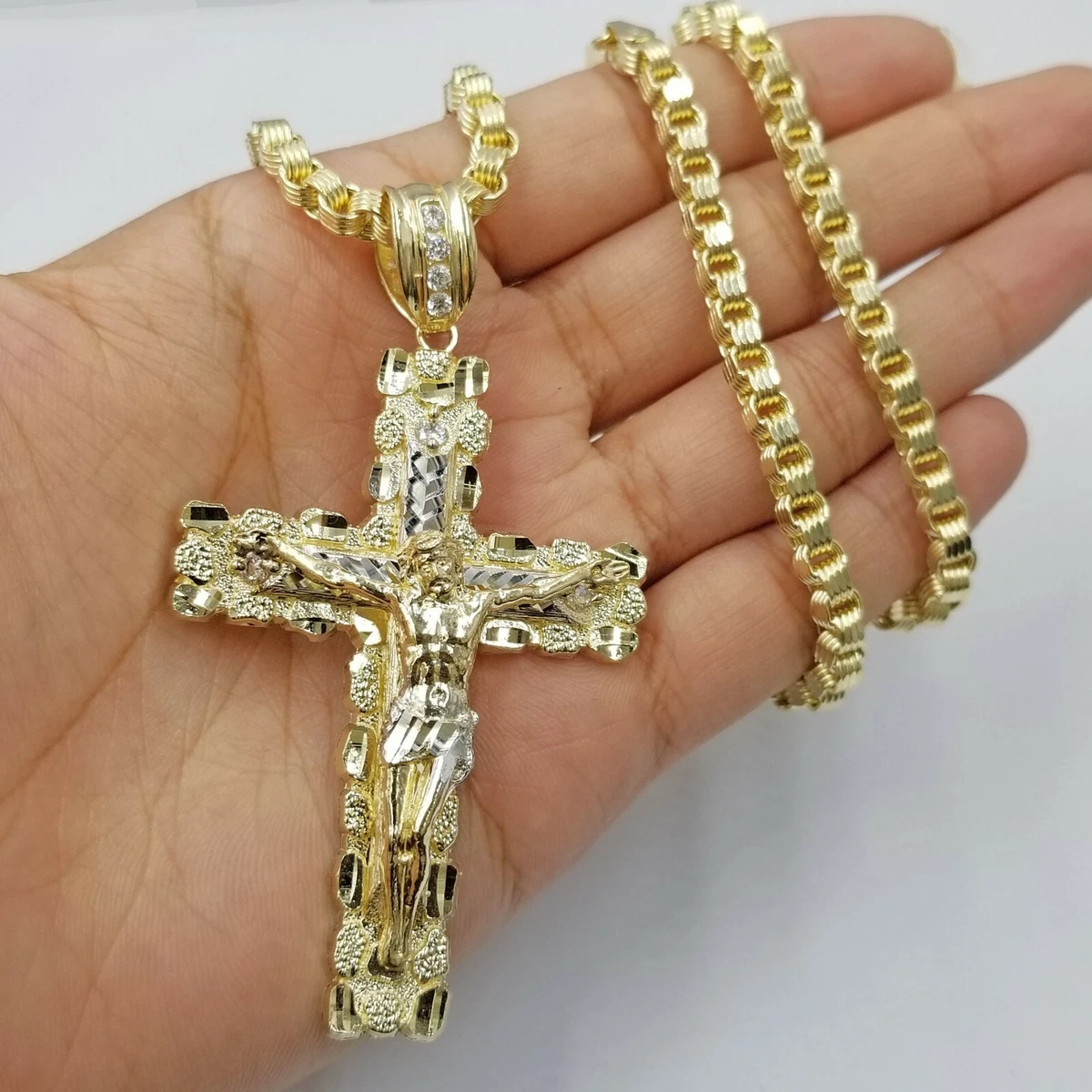 Mens 10k Yellow Gold Cross Charm Diamond Cut Pendant Byzantine Chain in 24