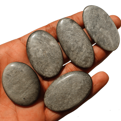 5 Pcs Natural Silver Sheen Obsidian Top Quality 39-50mm Oval Cabochon Gemstones - Picture 7 of 12