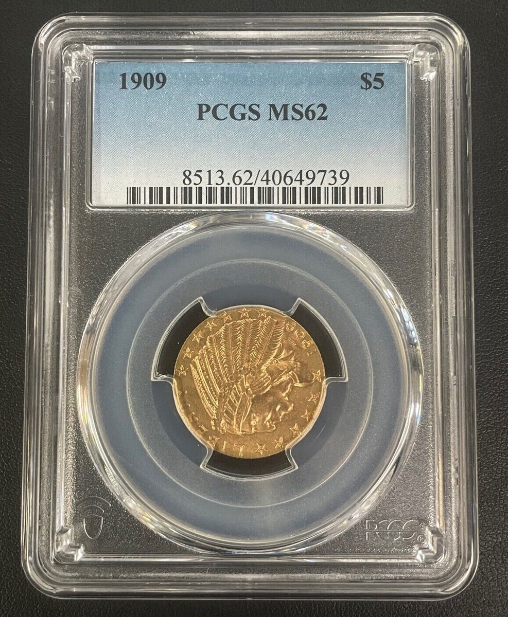 PCGS 技能五輪 1909-P $5 dólares Ouro metade Eagle Indian PCGS MS-62, Head