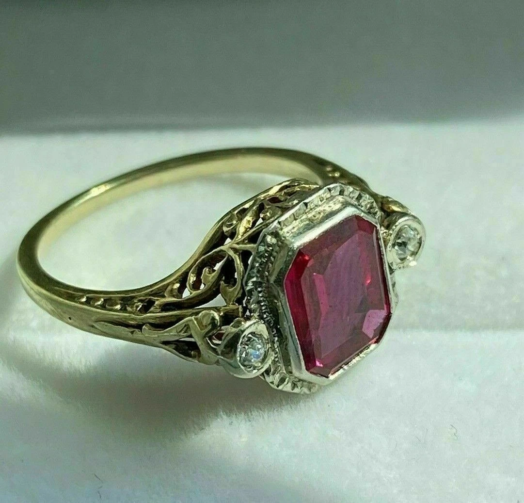 Diamond & Rubies Engagement Ring, Vintage Ruby Wedding Ring, GIA Certified  0.80 Carat 14K White Gold Unique Antique Style Handmade