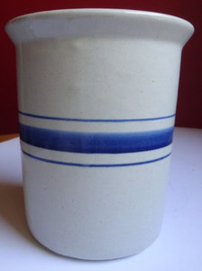 Crock with 3 blue lines, 6" tall , top 5" wide