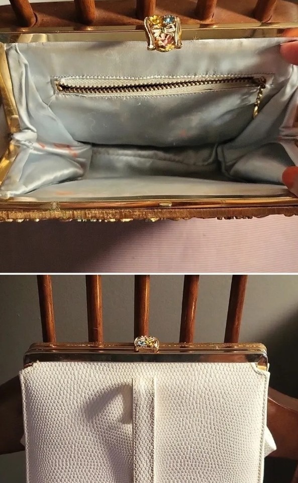 Vintage 1950s Leather White Snakeskin Purse With Gold Clutch eBay