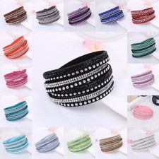 Fashion Leather Rhinestone Bracelet Women Wrap Wristband Cuff Rock Punk Style