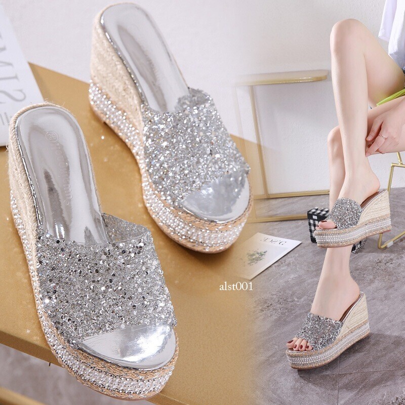 PANTOFOLA D’ORO Sandali ciabatte estivi tacco zeppa alto tessuto plateau scarpe strass punta aperta