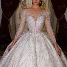 Luxury Wedding Dresses Sweetheart Neck Long Sleeves Backless Beaded Bridal Gowns