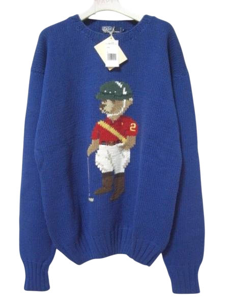 POLO RALPH LAUREN POLO BEAR Hand Knit Sweater Size M Blue Made In