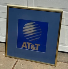 Vtg AT&T  80s 90s Corporate Office Framed Logo Blue Silver with Gold Frame 29.5"