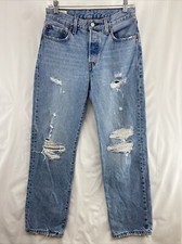 Levis Premium 501 Button Fly Destroyed Denim Jeans Womens Size 26x30 Big E