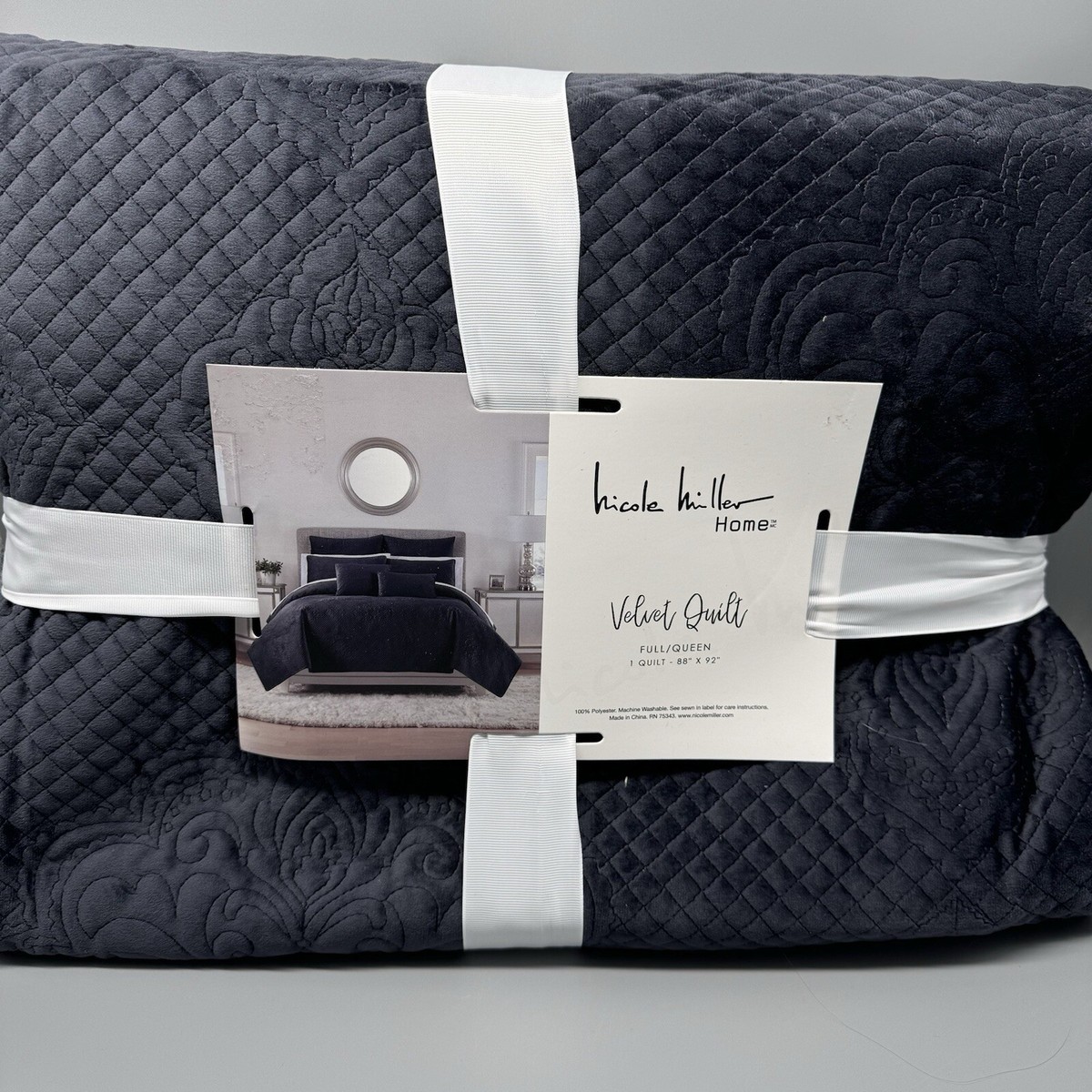 3pc Nicole Miller Dark Charcoal Gray Velvet FULL / QUEEN Quilt