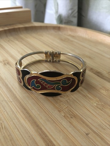 Vintage Cloisonné Hinged Bracelet - Red, Blue, Green Designs On Black Gold Tone - Picture 1 of 13