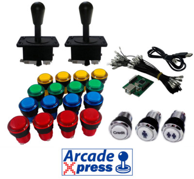 Illuminated Arcade Kit x2 Black American Joysticks 16 LED Tasten + Usb Encoder
